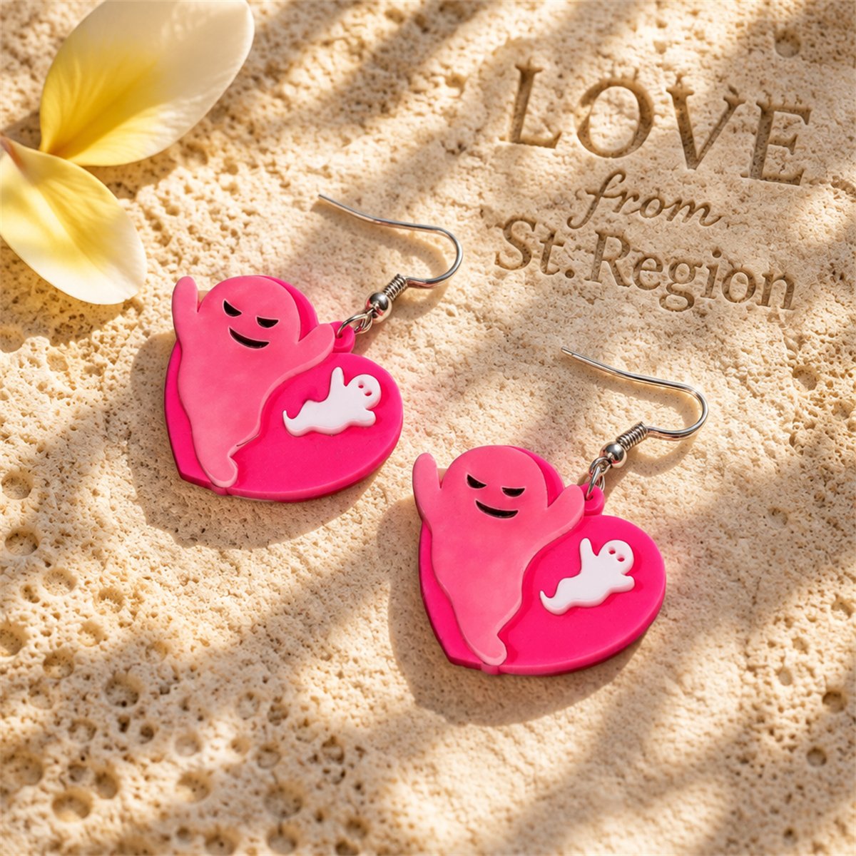 Pink and Silver-Plated Ghost Heart Drop Earrings, silver drop earrings for women, elegant gift for her, lifestyle look