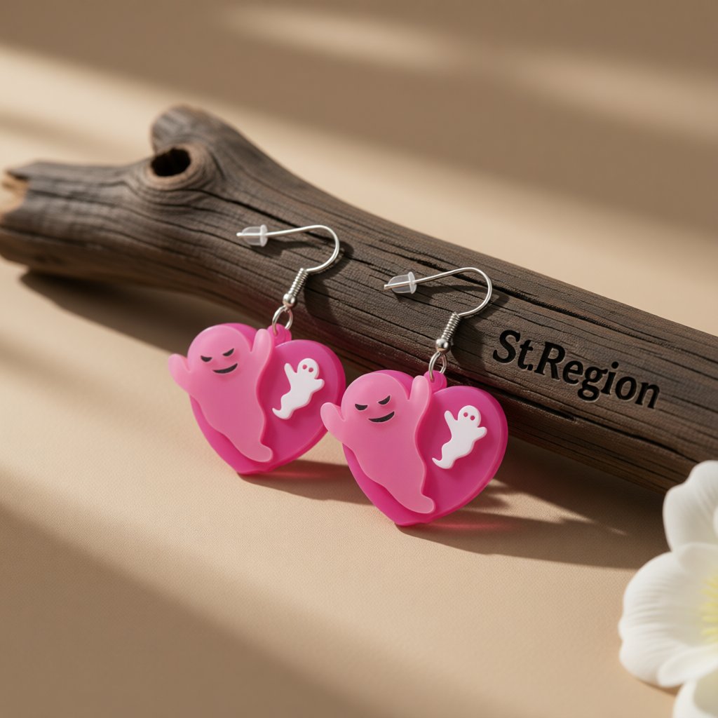 Pink and Silver-Plated Ghost Heart Drop Earrings, silver drop earrings for women, elegant gift for her, front view