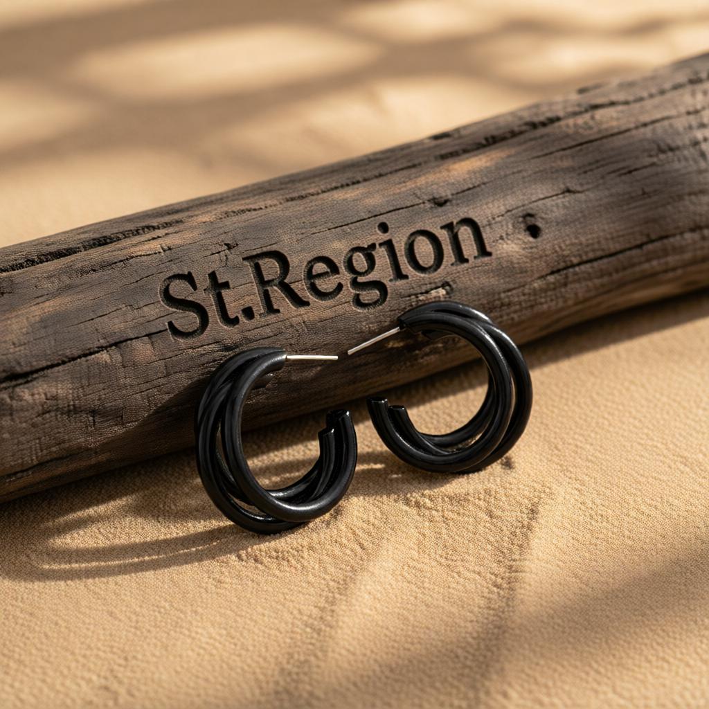 Black Enamel and Silver-Plated Stacked Tube Hoop Earrings, silver huggie earrings, botanical inspired, front view