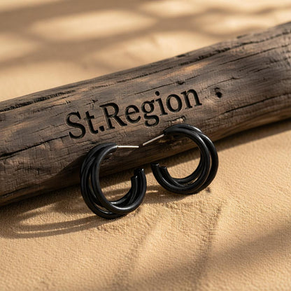 Black Enamel and Silver-Plated Stacked Tube Hoop Earrings, silver huggie earrings, botanical inspired, front view