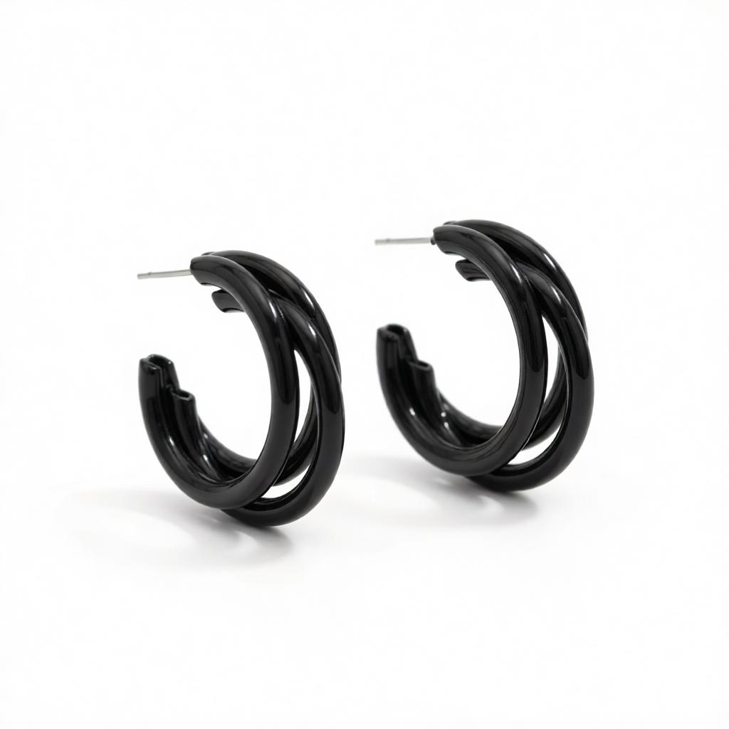 Black Enamel and Silver-Plated Stacked Tube Hoop Earrings, silver huggie earrings, botanical inspired, side view