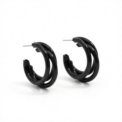 Black Enamel and Silver-Plated Stacked Tube Hoop Earrings, silver huggie earrings, botanical inspired, side view