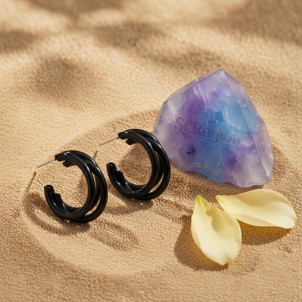 Black Enamel and Silver-Plated Stacked Tube Hoop Earrings, silver huggie earrings, botanical inspired, detail close-up