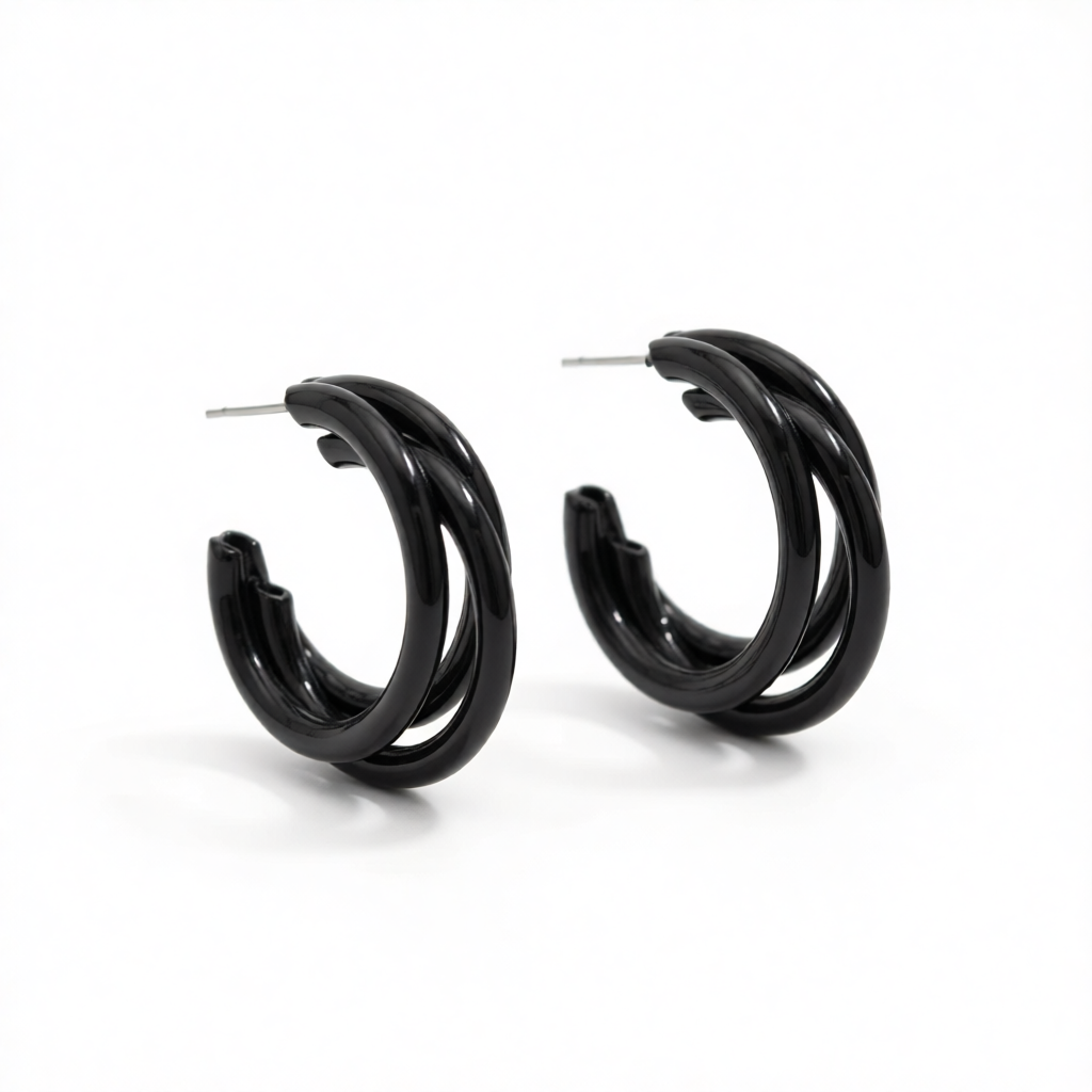 Black Enamel & Silver-Plated Stacked Tube Hoop Earrings