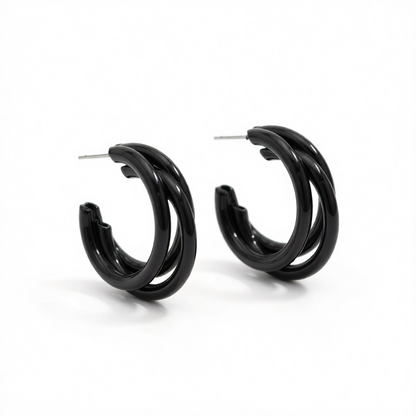 Black Enamel & Silver-Plated Stacked Tube Hoop Earrings
