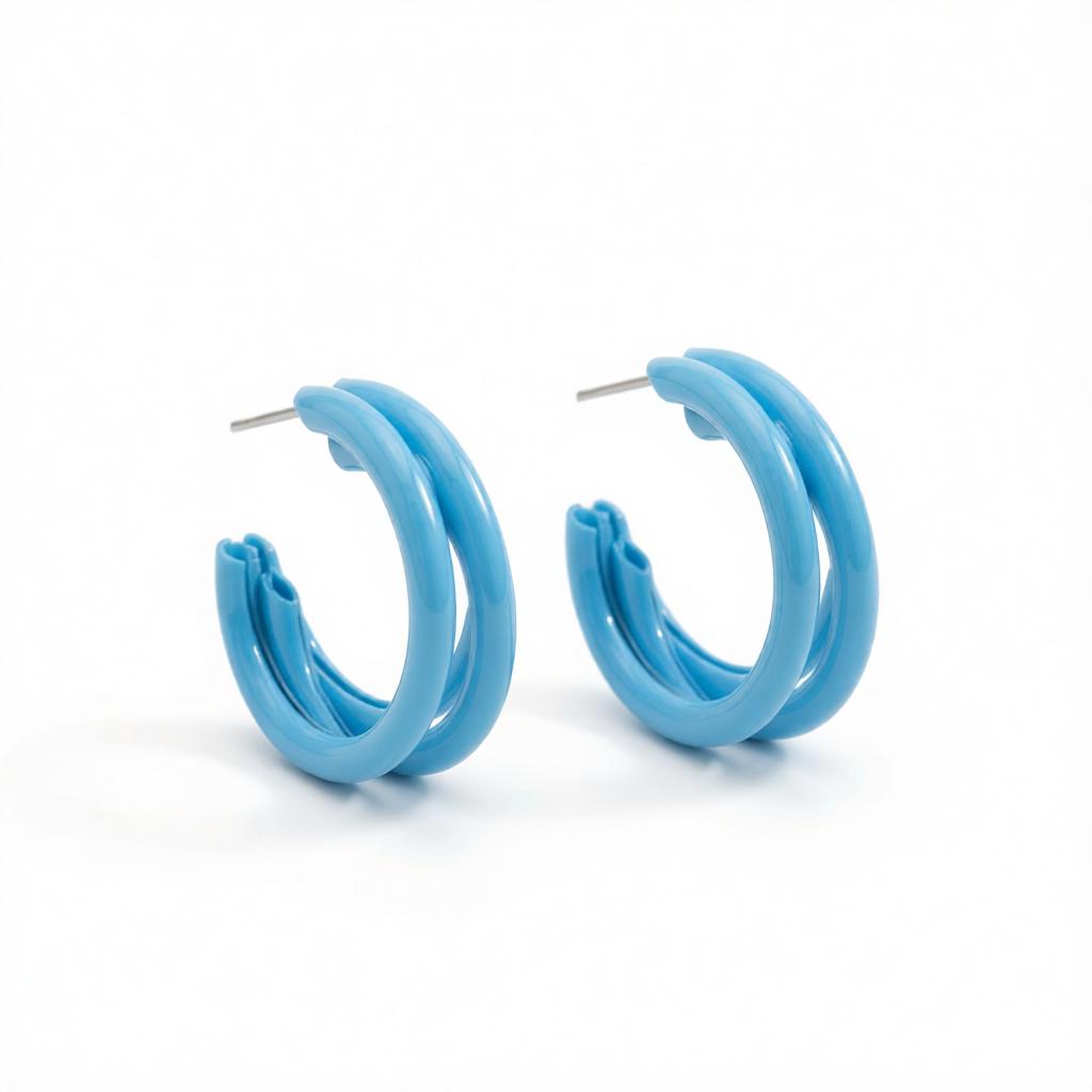 Blue Enamel and Silver-Plated Stacked Tubes Huggie Earrings, silver huggie earrings, everyday style, side view