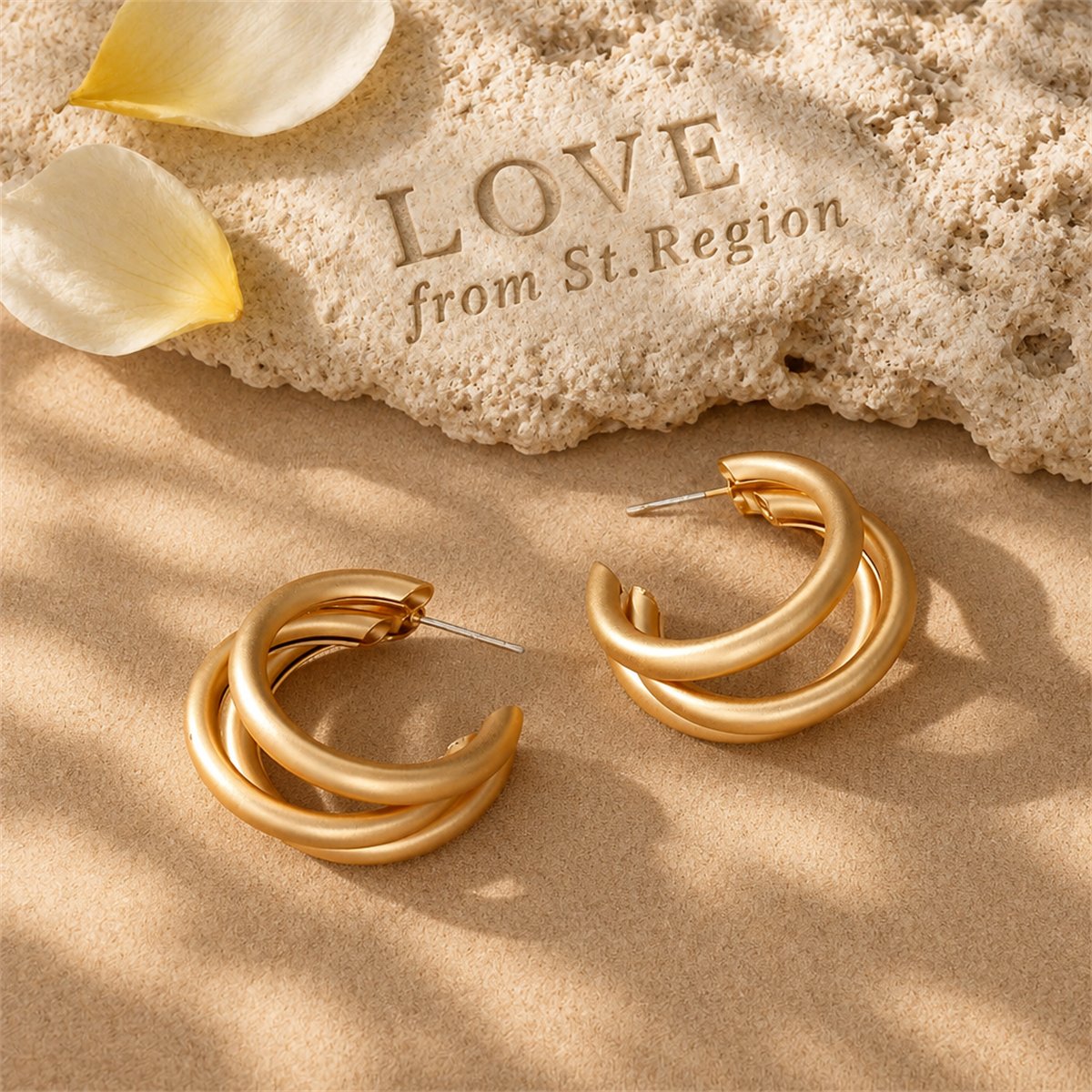 18K Gold-Plated Tri-Ring Hoop Earrings, gold huggie earrings, vintage-inspired design, lifestyle look