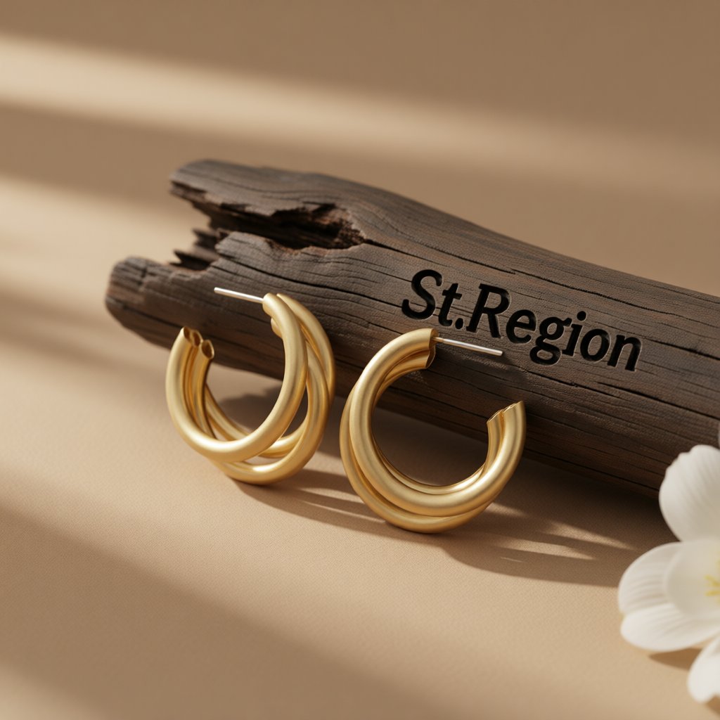 18K Gold-Plated Tri-Ring Hoop Earrings, gold huggie earrings, vintage-inspired design, front view