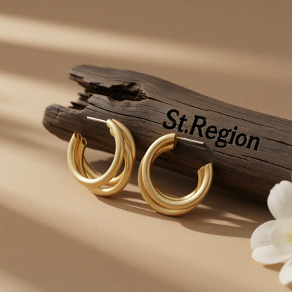 18K Gold-Plated Tri-Ring Hoop Earrings, gold huggie earrings, vintage-inspired design, front view