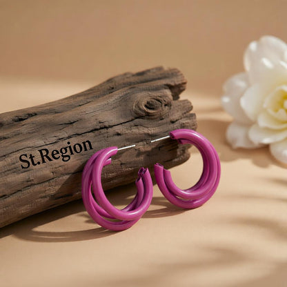 Rose Enamel and Silver-Plated Stacked Tube Hoop Earrings, silver huggie earrings, elegant gift for her, front view