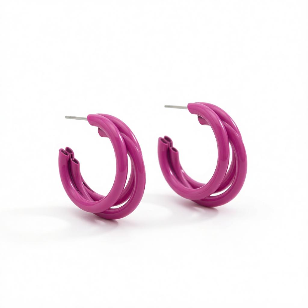 Rose Enamel and Silver-Plated Stacked Tube Hoop Earrings, silver huggie earrings, elegant gift for her, side view