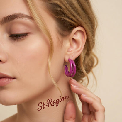 Rose Enamel and Silver-Plated Stacked Tube Hoop Earrings, silver huggie earrings, elegant gift for her, styled look