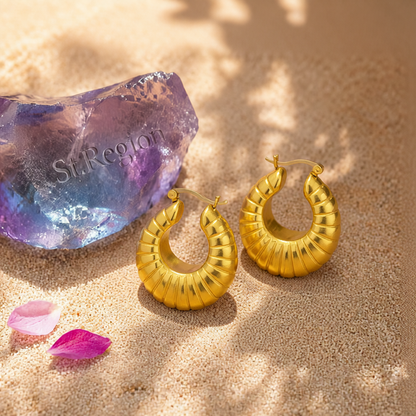 18K Gold-Plated Ribbed U-Shape Drop Earrings