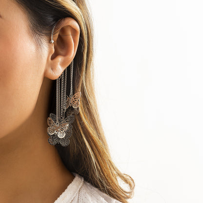 Silver-Plated Butterfly Tassel Ear Cuff, silver drop earrings for women, botanical inspired, styled look