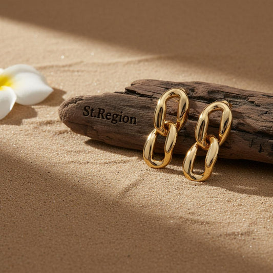 18K Gold-Plated Chain Drop Earrings, gold drop earrings for women, botanical inspired, front view