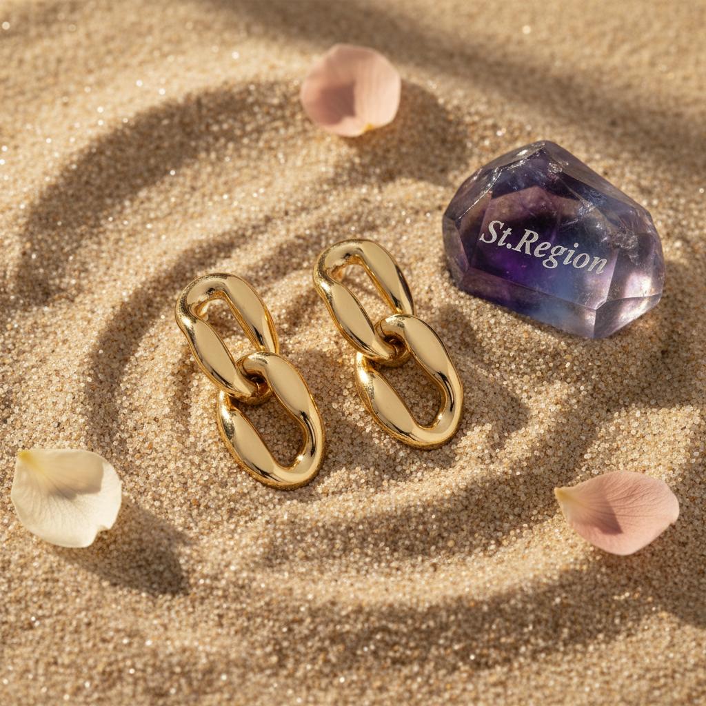 18K Gold-Plated Chain Drop Earrings, gold drop earrings for women, botanical inspired, detail close-up