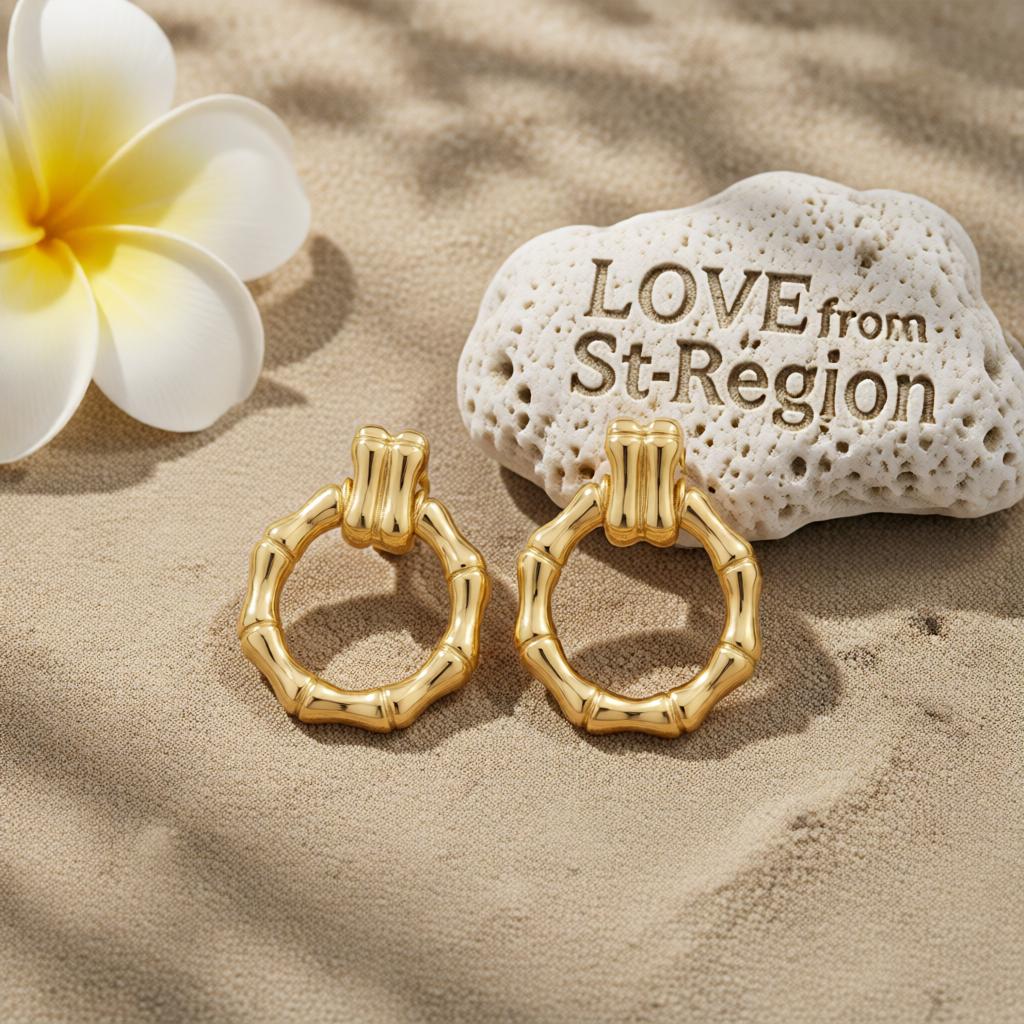 18K Gold-Plated Bamboo-Shaped Round Drop Earrings, gold drop earrings for women, dainty minimalist design, lifestyle look