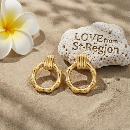 18K Gold-Plated Bamboo-Shaped Round Drop Earrings, gold drop earrings for women, dainty minimalist design, lifestyle look