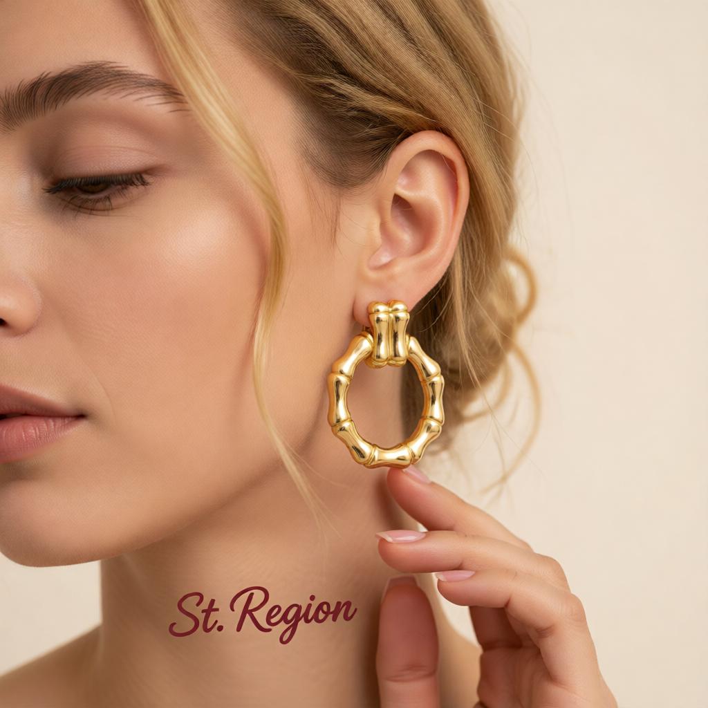 18K Gold-Plated Bamboo-Shaped Round Drop Earrings, gold drop earrings for women, dainty minimalist design, styled look