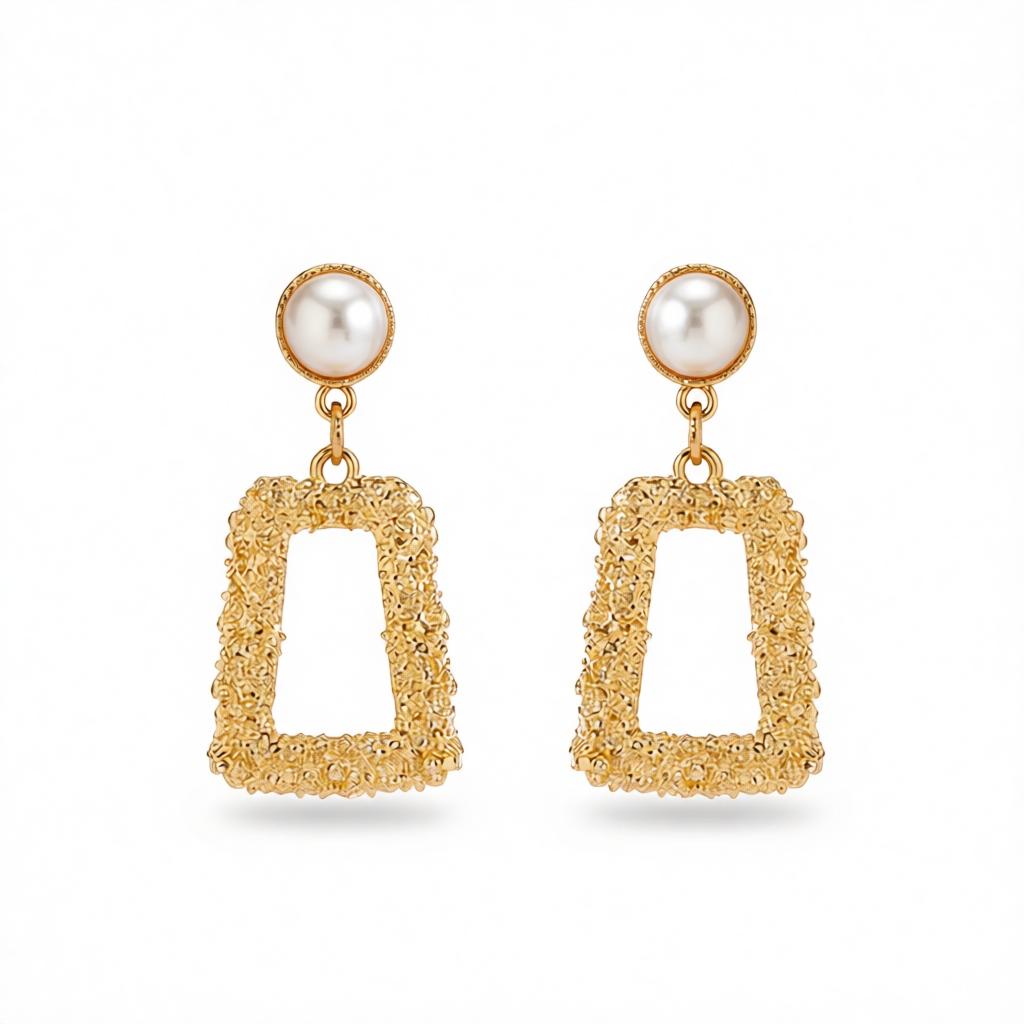 Pearl and 18K Gold-Plated Textured Open Ladder Drop Earrings, gold drop earrings for women, botanical inspired, side view