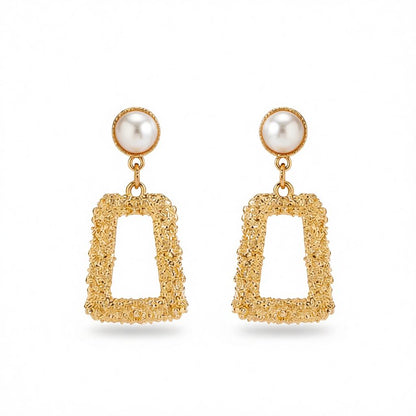 Pearl and 18K Gold-Plated Textured Open Ladder Drop Earrings, gold drop earrings for women, botanical inspired, side view