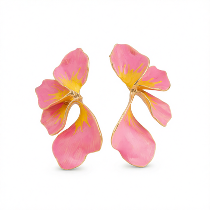 Pink & Yellow Enamel Goldtone Petals Stud Earrings