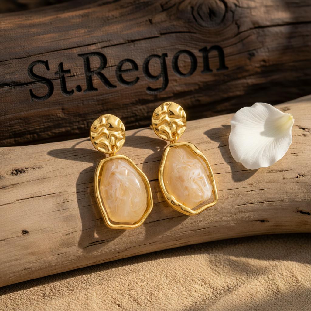 Beige Resin and Goldtone Hammered Stacked Irregular Dangle Earrings, gold drop earrings for women, front view