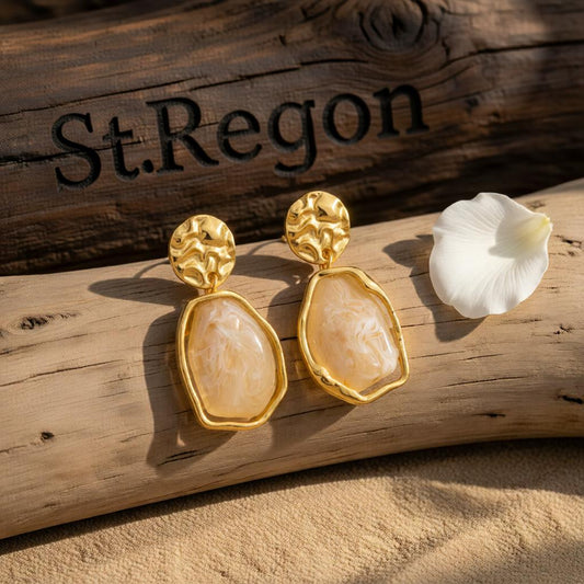 Beige Resin and Goldtone Hammered Stacked Irregular Dangle Earrings, gold drop earrings for women, front view