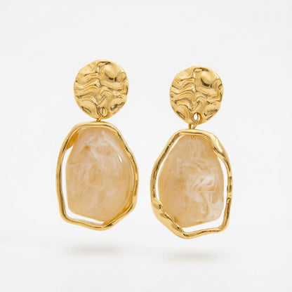 Beige Resin and Goldtone Hammered Stacked Irregular Dangle Earrings, gold drop earrings for women, side view