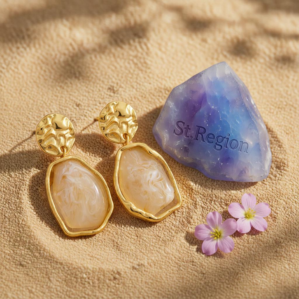 Beige Resin and Goldtone Hammered Stacked Irregular Dangle Earrings, gold drop earrings for women, detail close-up