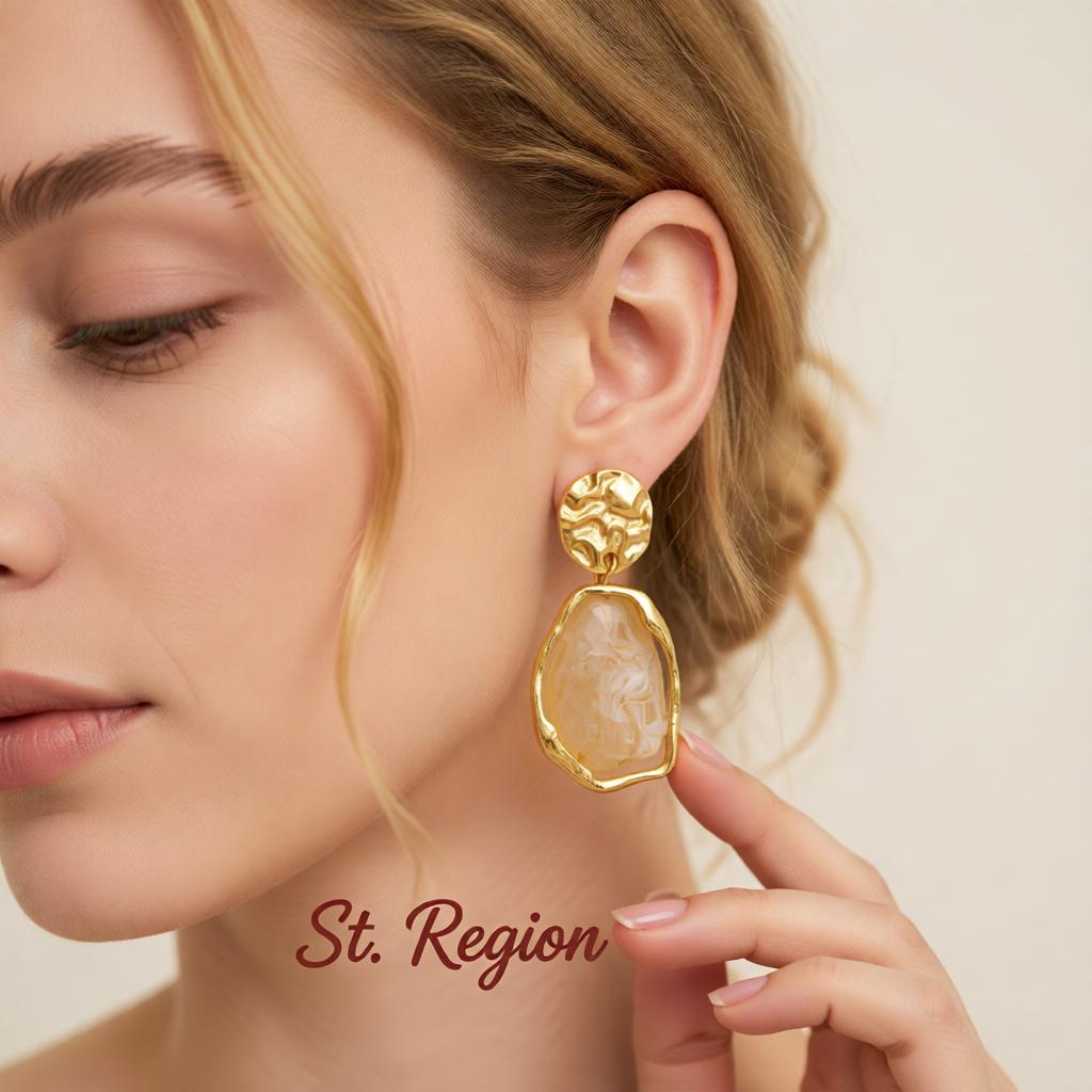 Beige Resin and Goldtone Hammered Stacked Irregular Dangle Earrings, gold drop earrings for women, styled look