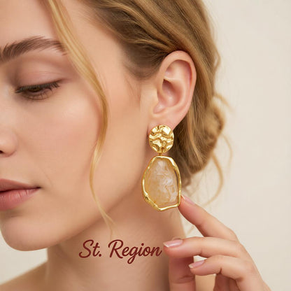 Beige Resin and Goldtone Hammered Stacked Irregular Dangle Earrings, gold drop earrings for women, styled look
