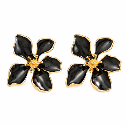 Black Enamel & Goldtone Flower Stud Earrings