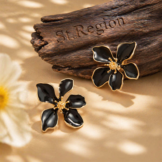 Black Enamel & Goldtone Flower Stud Earrings