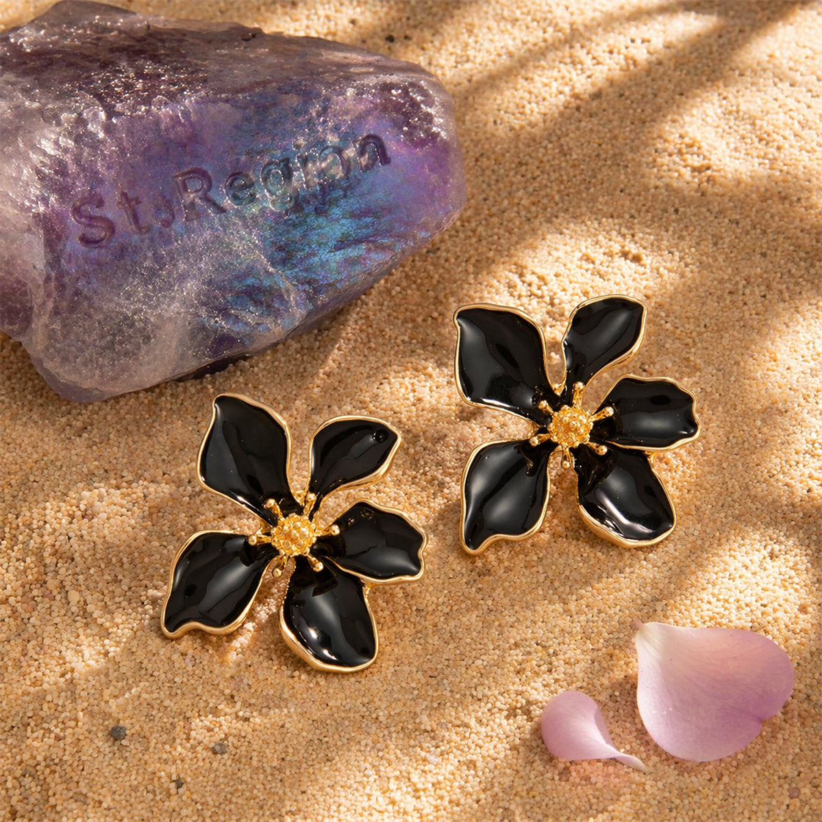 Black Enamel & Goldtone Flower Stud Earrings