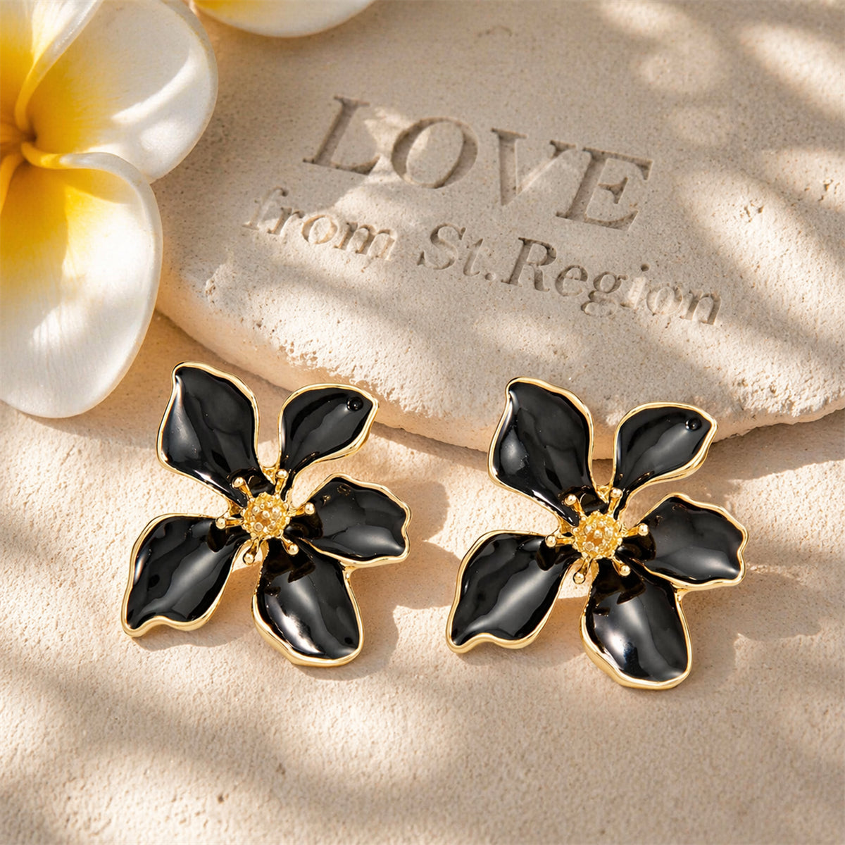 Black Enamel & Goldtone Flower Stud Earrings