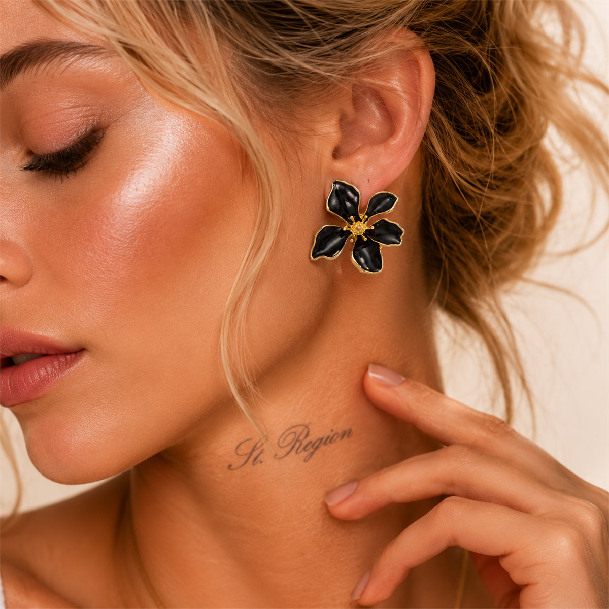 Black Enamel & Goldtone Flower Stud Earrings