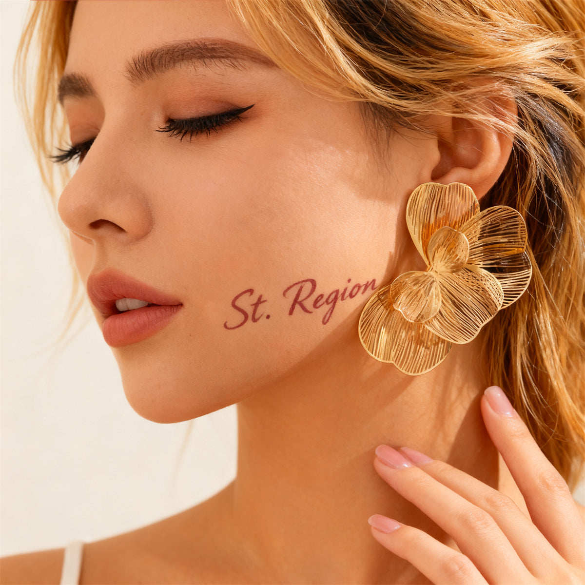 Goldtone Textured Netted Flower Statement Stud Earrings