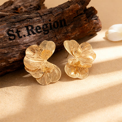 Goldtone Textured Netted Flower Statement Stud Earrings