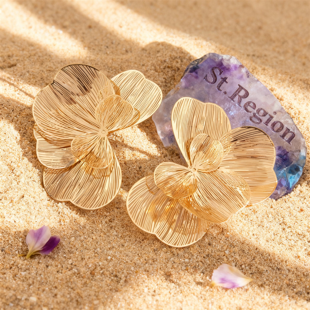 Goldtone Textured Netted Flower Statement Stud Earrings