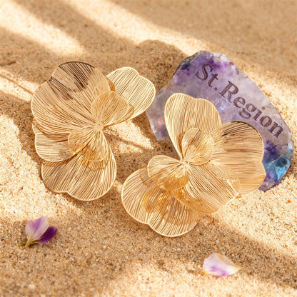Goldtone Textured Netted Flower Statement Stud Earrings