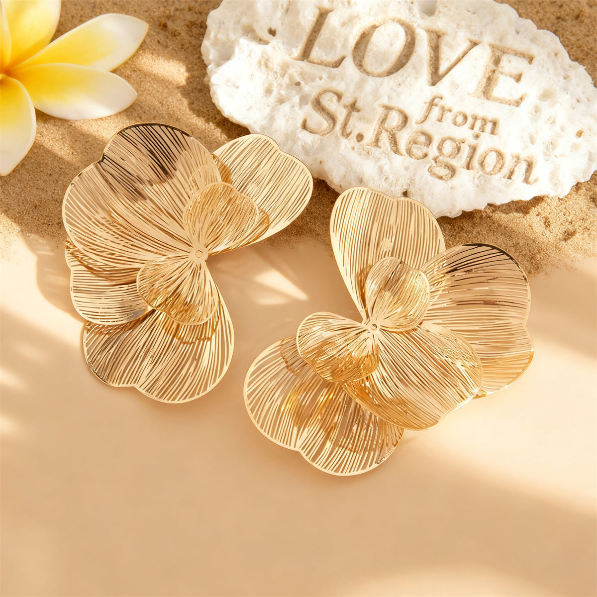 Goldtone Textured Netted Flower Statement Stud Earrings