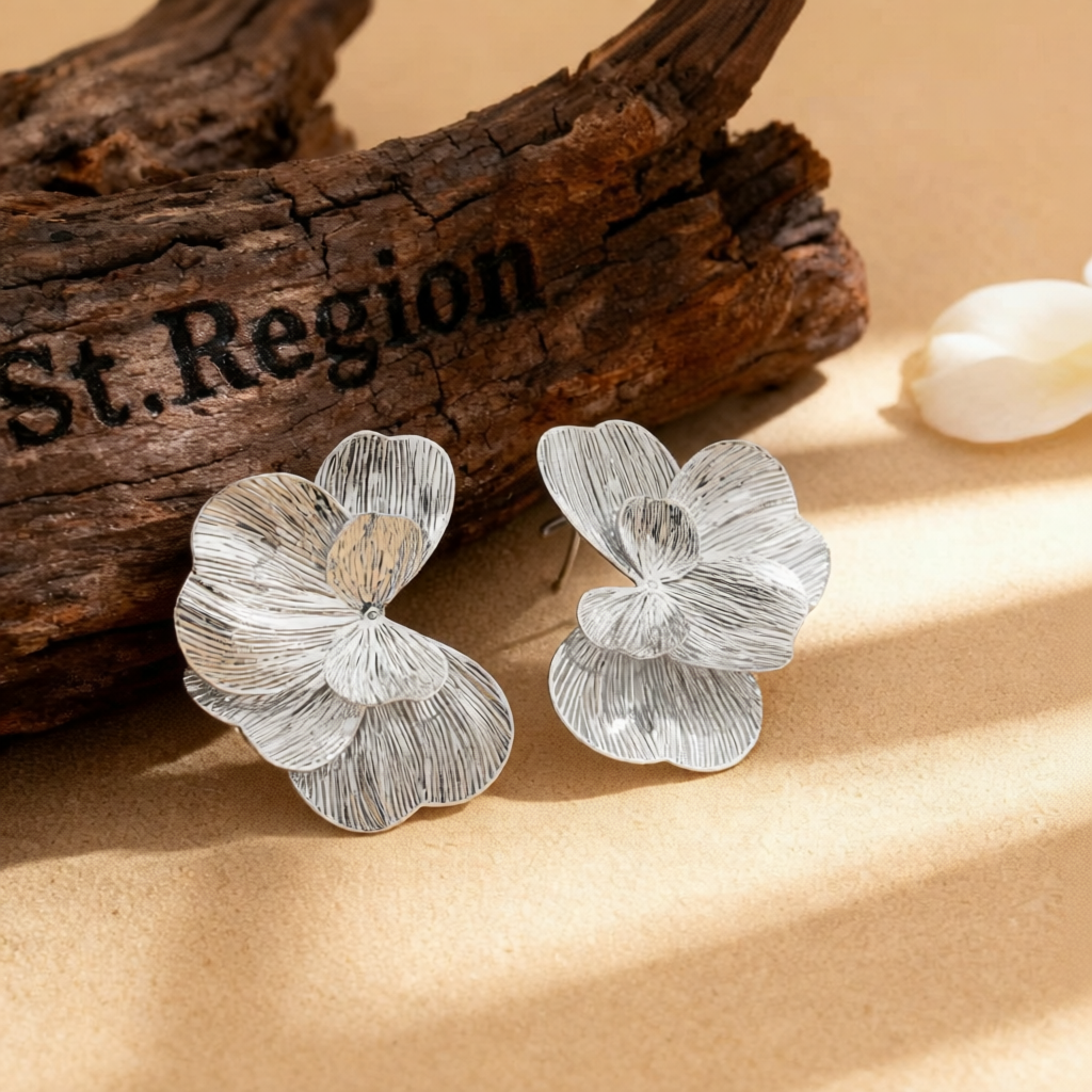 Silvertone Textured Netted Flower Statement Stud Earrings