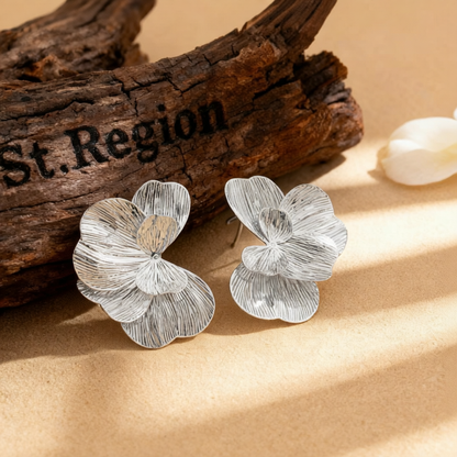 Silvertone Textured Netted Flower Statement Stud Earrings