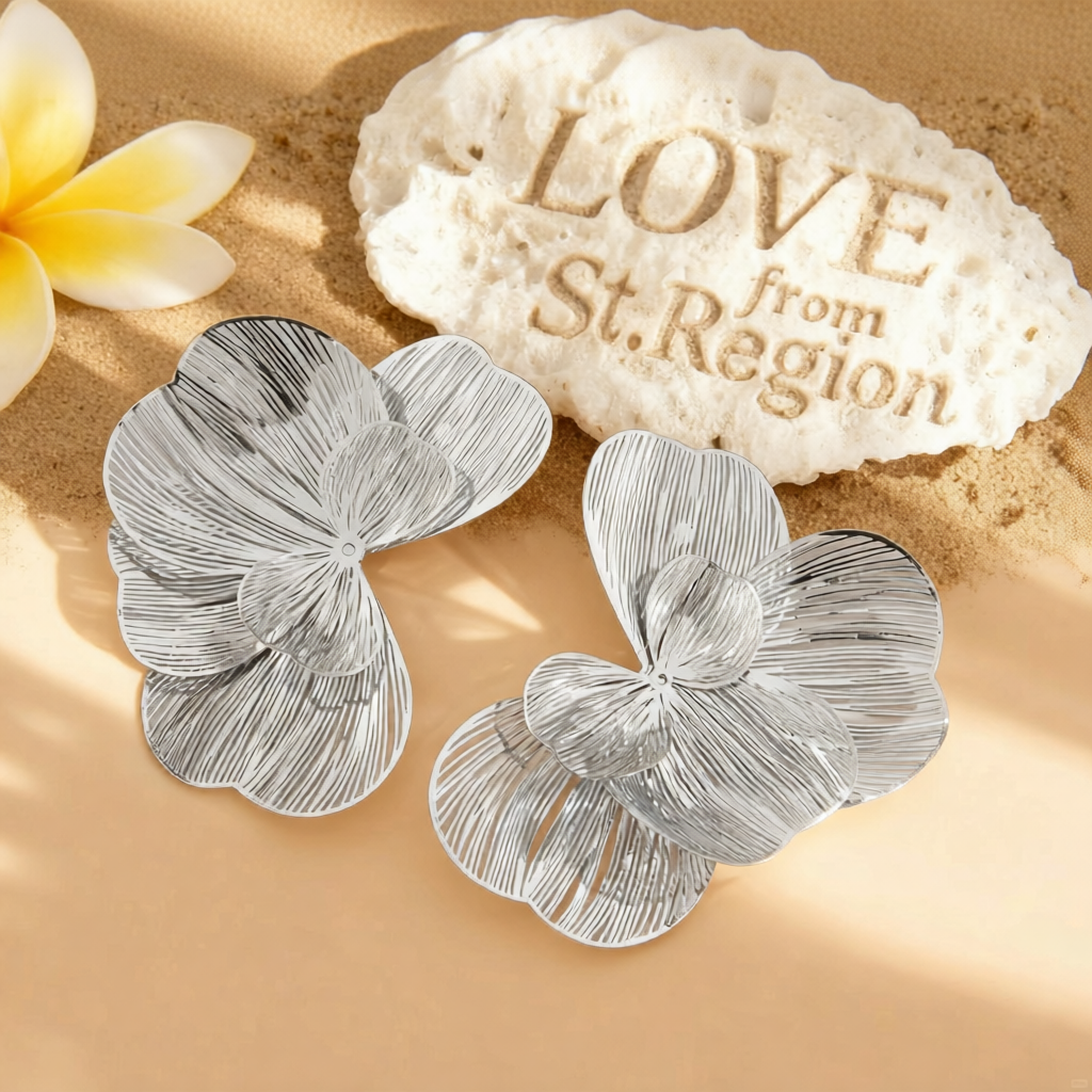Silvertone Textured Netted Flower Statement Stud Earrings