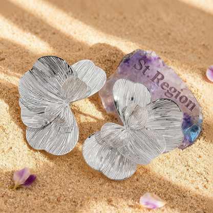 Silvertone Textured Netted Flower Statement Stud Earrings