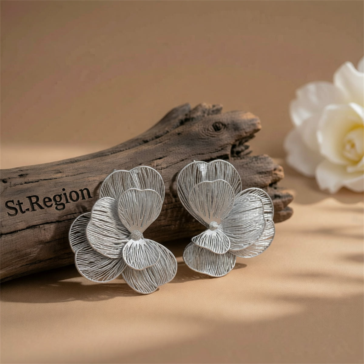 Silvertone Netted Flower Statement Stud Earrings