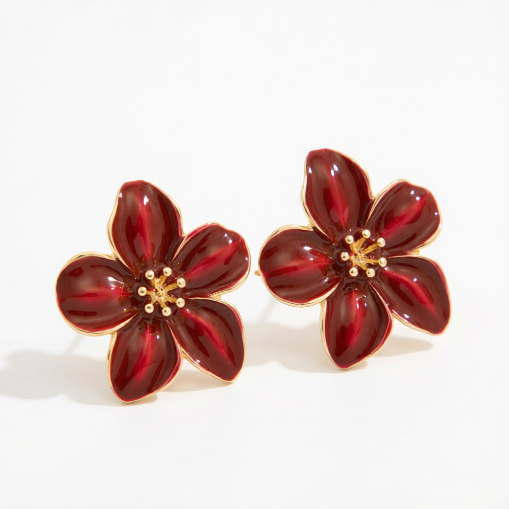 Dark Red Enamel & Goldtone Flower Stud Earrings