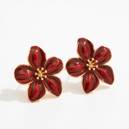 Dark Red Enamel & Goldtone Flower Stud Earrings
