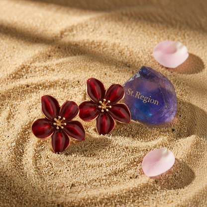 Dark Red Enamel & Goldtone Flower Stud Earrings